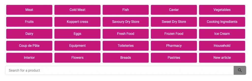 Gourmet Deliveries' order online website with list of categories and ingredients.